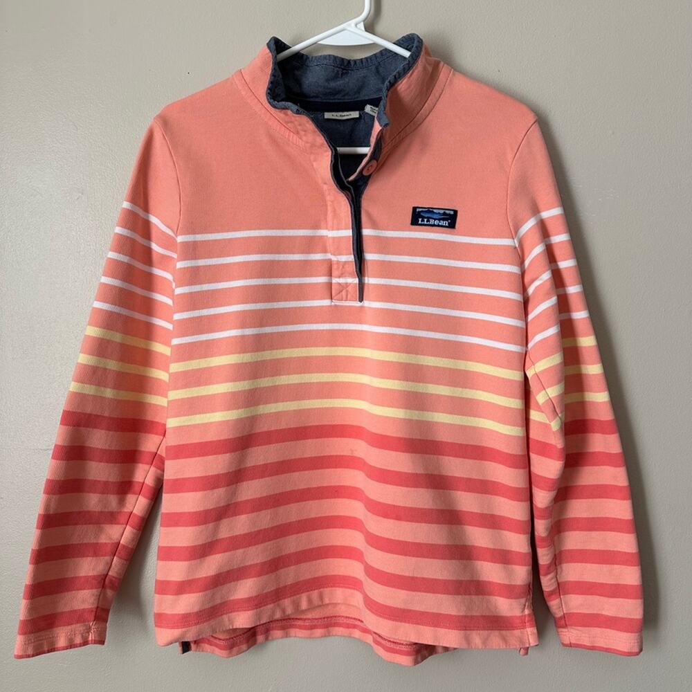 LL Bean Rugby Henley Women MEDIUM Petite French Terry Preppy Orange Pink Stripe